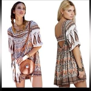 Free People Boho MidSummer Dream Cutout Back Dress Ivory Brown Size S/P